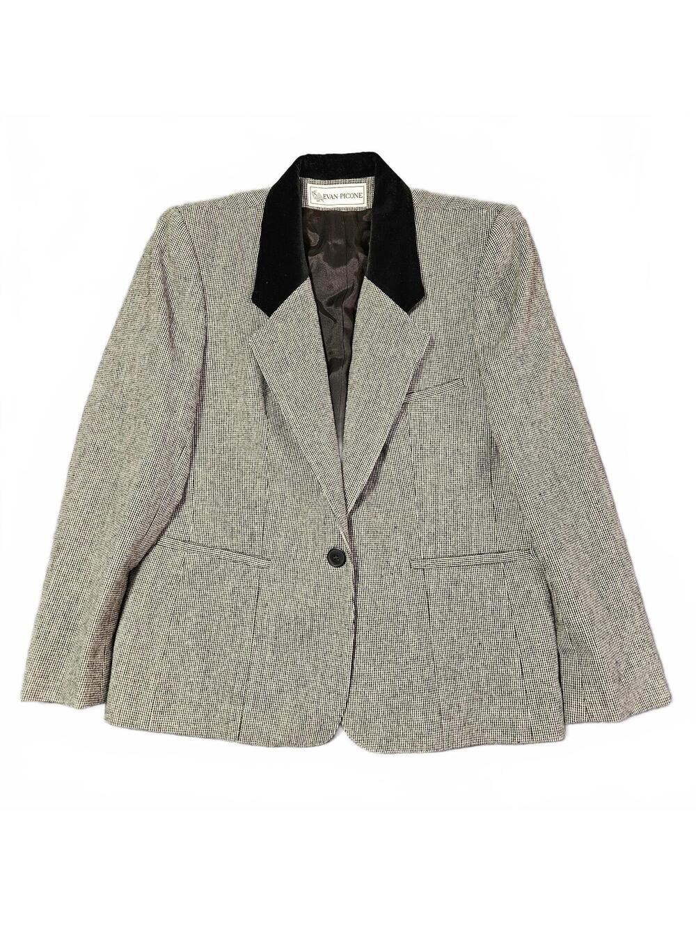 Vintage Evan Pricone Blazer Size 10 Union USA Made Houndstooth Gray Black Velvet